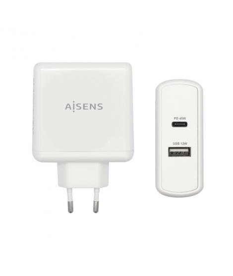 Aisens Cargador para Smartphone 57W 1x USB-C PD3.0 45W, 1x USB-A 5V/2.4A 12W