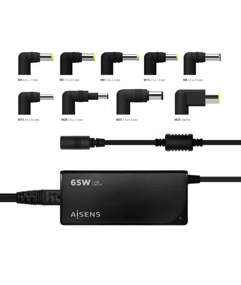 Aisens Cargador 65W Automatico Universal Multitension para Portatil con 9 Conectores + USB-A QC.3.0 - Color Negro