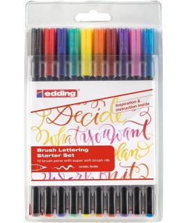 Edding 1340 Brush Pack de 10 Rotuladores - Punta Pincel Flexible - Trazo 1-3mm - Tinta con Base de Agua - Colores Surtidos