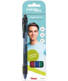 Pentel EnerGel X Pack de 4 Boligrafos de Bola Retractiles Tinta Gel - Punta 0.7mm - Trazo 0.35mm - Recargable - Grip de Agarre -