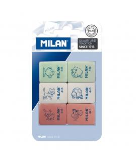 Milan 445 Pack de 6 Gomas de Borrar Rectangulares - Miga de Pan - Suave Caucho Sintetico - Dibujos Infantiles - Colores