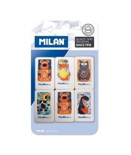 Milan 436A Pack de 6 Gomas de Borrar Rectangulares - Miga de Pan - Caucho Suave Sintetico - Dibujos Infantiles Surtidos -