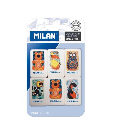 Milan 436A Pack de 6 Gomas de Borrar Rectangulares - Miga de Pan - Caucho Suave Sintetico - Dibujos Infantiles Surtidos - Color 