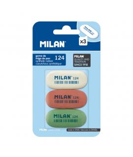 Milan 124 Pack de 3 Gomas de Borrar Ovaladas - Miga de Pan - Suave Caucho Sintetico - Colores Surtidos