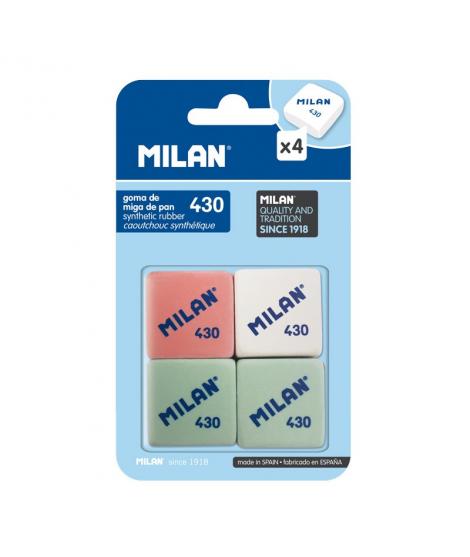 Milan 430 Pack de 4 Gomas de Borrar Cuadradas - Miga de Pan - Suave Caucho Sintetico - Colores Surtidos