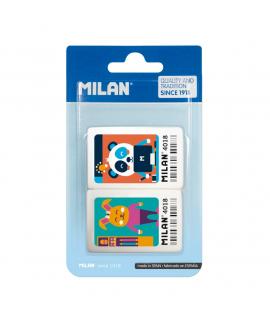 Milan 4018 Pack de 2 Gomas de Borrar Rectangulares - Miga de Pan - Caucho Suave Sintetico - Dibujos Infantiles a Color
