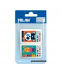 Milan 4018 Pack de 2 Gomas de Borrar Rectangulares - Miga de Pan - Caucho Suave Sintetico - Dibujos Infantiles a Color