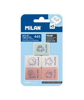 Milan 445 Pack de 5 Gomas de Borrar Rectangulares - Miga de Pan - Suave Caucho Sintetico - Dibujos Infantiles - Colores