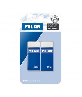 Milan 4020 Pack de 2 Gomas de Borrar Rectangulares - Miga de Pan - Suave Caucho Sintetico - Faja de Carton Azul - Color Blanco