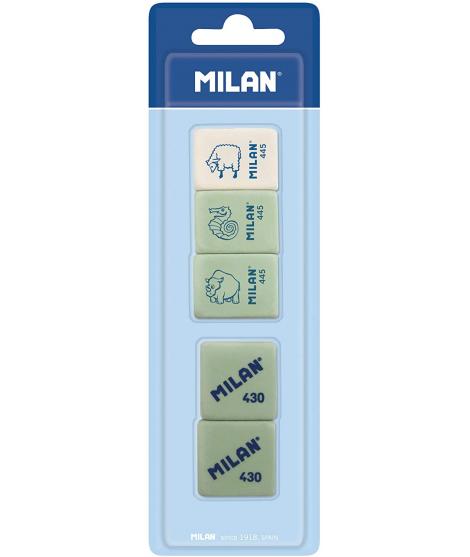 Milan Pack de 5 Gomas de Borrar, 3xGomas 445 Nata Rectangulares + 2xGomas 430 Cuadradas - Miga de pan - Caucho Suave Sintetico -