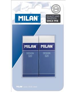 Milan Nata 320 Pack de 2 Gomas de Borrar Rectangulares - Plastico - Faja de Carton Azul - Todo tipo de Superficies - Color Blanc