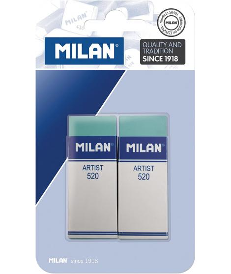 Milan Nata 520 Artist Pack de 2 Gomas de Borrar Rectangulares - Plastico - Faja de Carton Blanca - No Daña el Papel - Color Verd