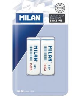 Milan Nata 620 Pack de 2 Gomas de Borrar Biseladas - Plastico - Suave - No Abrasiva - Color Blanco