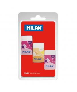 Milan Nata 6027 Pack de 3 Gomas de Borrar Rectangulares - Miga de Pan - Plastico - Faja de Carton en Colores Surtidos - Color