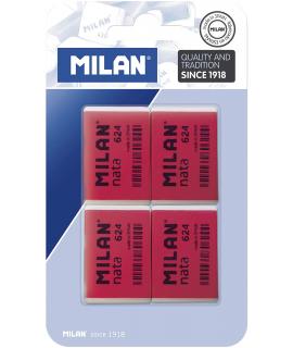 Milan Nata 624 Pack de 4 Gomas de Borrar Rectangulares - Plastico - Suave - No Abrasiva - Color RojoBlanco