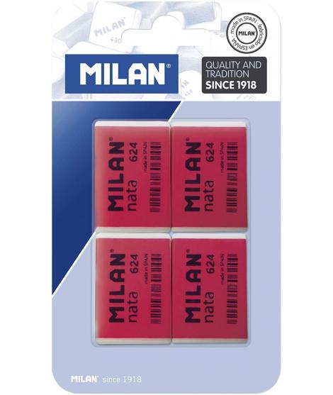Milan Nata 624 Pack de 4 Gomas de Borrar Rectangulares - Plastico - Suave - No Abrasiva - Color RojoBlanco