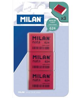 Milan Nata 624 Pack de 3 Gomas de Borrar Rectangulares - Plastico - Suave - No Abrasiva - Color Rojo/Blanco