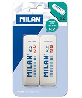 Milan Nata 612 Pack de 2 Gomas de Borrar Biseladas - Plastico - Suave - No Abrasiva - Color Blanco