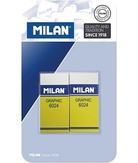 Milan Nata 6024 Graphic Pack de 2 Gomas de Borrar Rectangulares - Plastico - Faja de Carton Amarilla - No daña el Papel -
