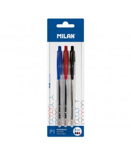 Milan P1 Pack de 3 Boligrafos de Bola Retractiles - Punta Redonda 1mm - Cuerpo Transparente - Color Azul, Negro y Rojo