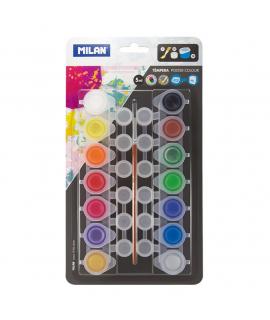 Milan Pack de 14 Tarros de Tempera 5 ml + 12 Botes para Mezclas + 1 Pincel Serie 101 - Secado Rapido - Mezclable - Colores