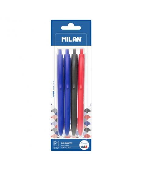 Milan P1 Touch Pack de 4 Boligrafos de Bola Retractiles - Punta Redonda 1mm - Tinta con Base de Aceite - Escritura Suave - 1.200