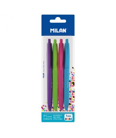 Milan P1 Touch Colours Pack de 4 Boligrafos de Bola Retractiles - Punta Redonda 1mm - Tinta con Base de Aceite - Escritura Suave