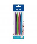 Milan P1 Touch Colours Pack de 4 Boligrafos de Bola Retractiles - Punta Redonda 1mm - Tinta con Base de Aceite - Escritura Suave