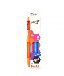 Pentel iZee Pack de 4 Boligrafos de Bola Retractiles - Punta 0.7mm - Trazo 0.35mm - Clip de Metal - Colores Naranja, Azul Claro,