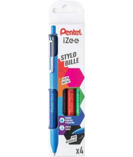Pentel iZee Pack de 4 Boligrafos de Bola Retractiles - Punta 0.7mm - Trazo 0.35mm - Clip de Metal - Colores Negro, Azul, Rojo y 