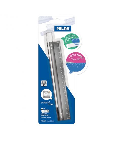 Milan Eraser & Ruler Regla + Goma en el Interior de la Regla - Longitud 15cm - Metal Touch