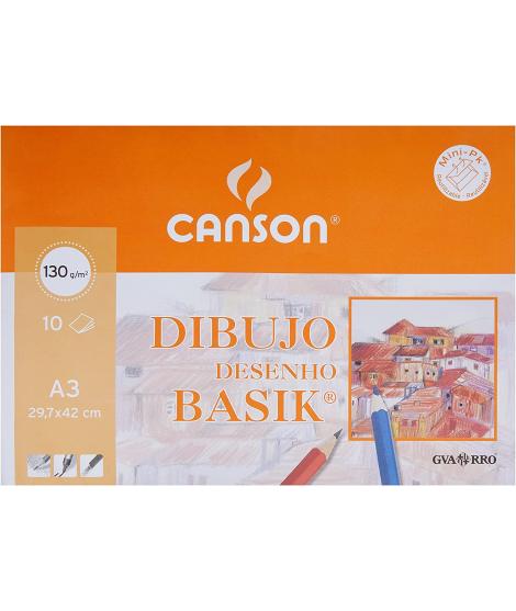 Canson Minipack de 10 Hojas de Dibujo Basik Liso A3 - 29,7x42cm - 130g - Color Blanco