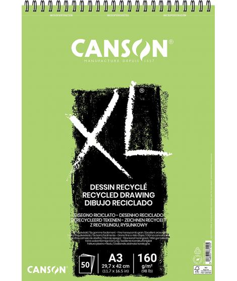 Canson XL Recycled Bloc de Dibujo con 50 Hojas A3 - Espiral Microperforado - Grano Fino - 160g - Color Blanco