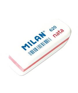 Milan Nata 620 Goma de Borrar Biselada Pequeña - Plastico Suave - No Abrasiva - Color Blanco con Ribete de Colores Surtidos