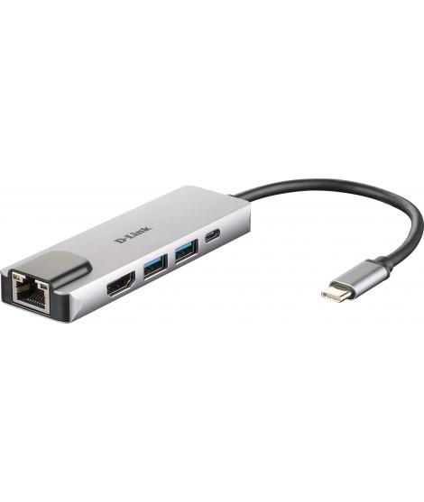D-Link Hub USB?C 5 en 1 2 Puertos USB 3.0 + 1 HDMI + 1 RJ45 - Plug & Play