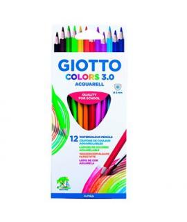 Giotto Colors Acquarell 3.0 Pack de 12 Lapices de Colores Acuarelables Triangulares - Mina 3 mm - Madera - Colores Surtidos
