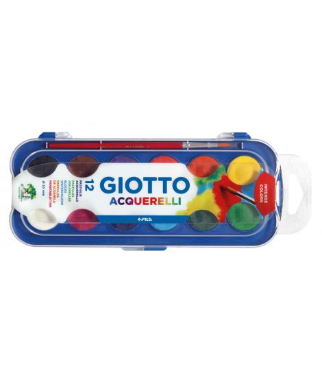Giotto Estuche de 12 Acuarelas de 30mm + Pincel - Colores Brillantes, Intensos y Vivos - Muy Cubrientes - Colores Surtidos