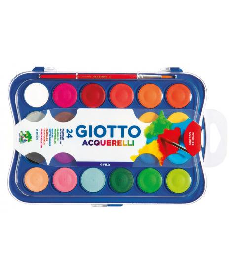 Giotto Estuche de 24 Acuarelas de 30mm + Pincel - Colores Brillantes, Intensos y Vivos - Muy Cubrientes - Colores Surtidos