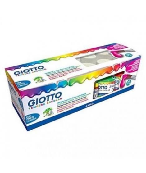 Giotto Tempera Pack de 12 Botes de 25 ml. + Pincel - Base Agua - Excelente Cobertura - Colores Surtidos