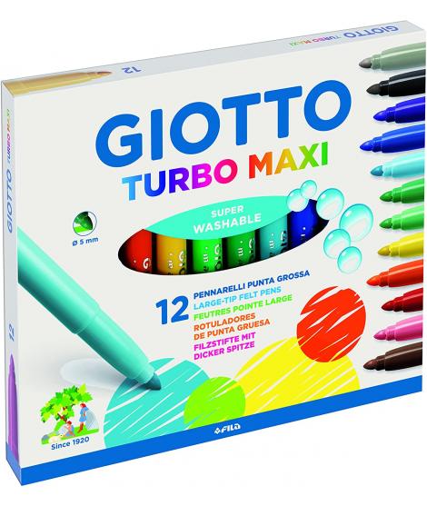 Giotto Turbo Maxi Pack de 12 Rotuladores - Punta Gruesa 5mm - Tinta al Agua - Lavable - Colores Surtidos
