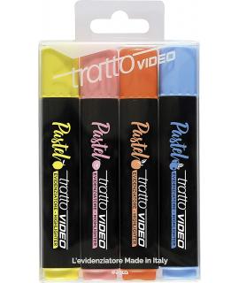 Tratto Video Pastel Pack de 4 Marcadores Fluorescentes - Punta Biselada - Tinta al Agua - Secado Rapido - Colores Surtidos