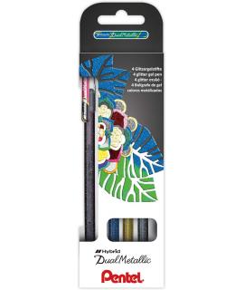 Pentel Hybrid Dual Metallic Pack de 4 Boligrafos de Bola con Tinta Gel Brillante - Punta 1mm - Trazo 0.5mm - Colores Brillantes 
