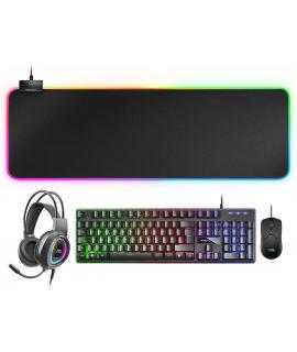 Mars Gaming Pack 4 en 1 USB con Iluminacion RGB Teclado Tecnologia Hibrida H-Mech, Antighosting + Raton 10000dpi + Auriculares c