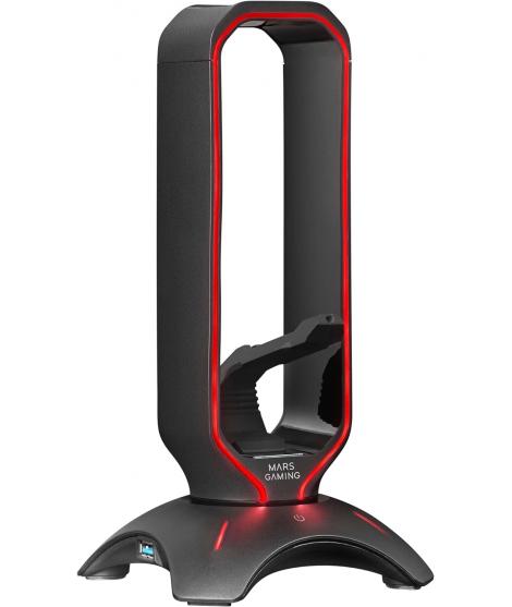 Mars Gaming MHHPRO 3 en 1 Soporte Auriculares Gaming - Bungee Raton - HUB USB 3.0 - RGB Flow - 125x125x254mm - Color Negro