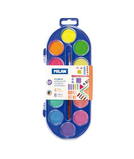 Milan Estuche de 12 Acuarelas Ø30 mm + Pincel Serie 101 - Mezclable - Colores Fluorescentes y Metalizados
