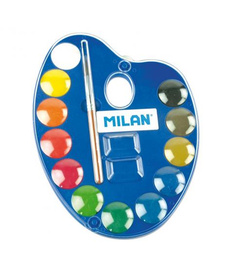 Milan 053412 Paleta de 12 Acuarelas Ø25 mm + Pincel Serie 101 - Mezclable - Colores Surtidos