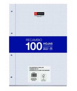 Miquel Rius Recambio Formato A4 - 100 Hojas Sueltas de 90gr con 4 Taladros - Cuadricula 4x4 con Margen