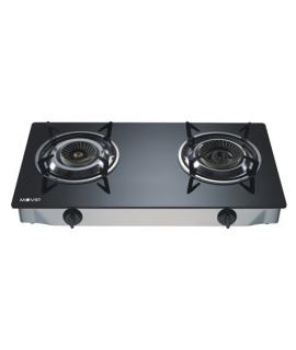 Muvip Cocina de Gas Inox 2 Fuegos - Cristal Templado - Encendido Piezoelectrico - Quemador de Hierro Fundido Desmontable