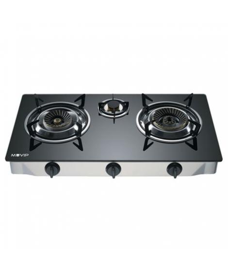 Muvip Cocina de Gas Inox 3 Fuegos - Cristal Templado - Encendido Piezoelectrico - Quemador de Hierro Fundido Desmontable