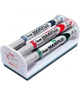 Pentel Maxiflo Pack de 4 Rotuladores para Pizarra Blanca + Borrador Magnetico - Punta de Bala - Ancho de Linea 2mm - Regulacion 